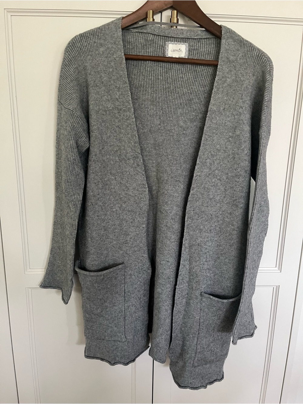 Lemon Open-Front Long Cardigan Sweater - Gray